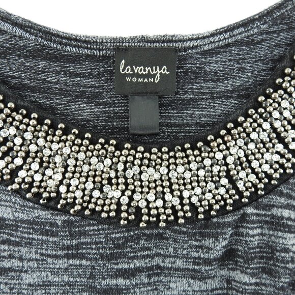 Women's Plus Size Knit Top Black Gray Beaded Neck La Vanya Sz 2X Sweater Soft - Picture 7 of 9
